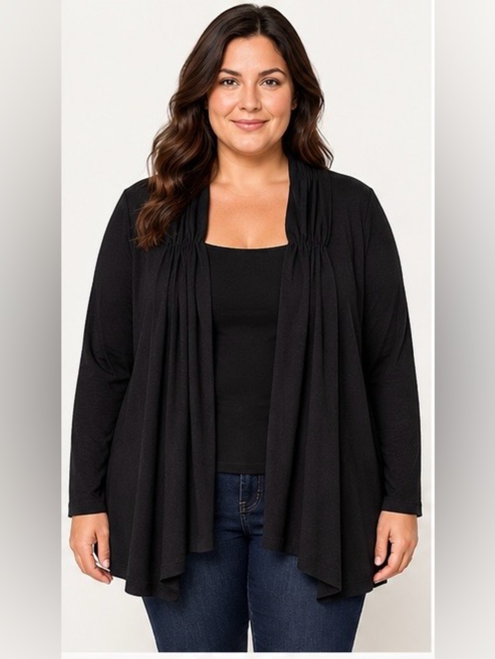 ALYX Woman Black Ruched Draped Open Front Cardigan 1X Plus Size